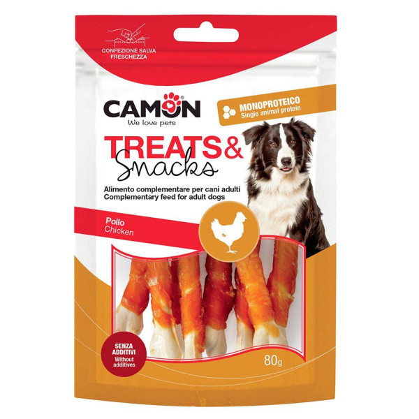 Ласощі для собак CAMON м'ясні кісточки з кукурудзяного крохмалю з куркою, 80 гр, 8 см