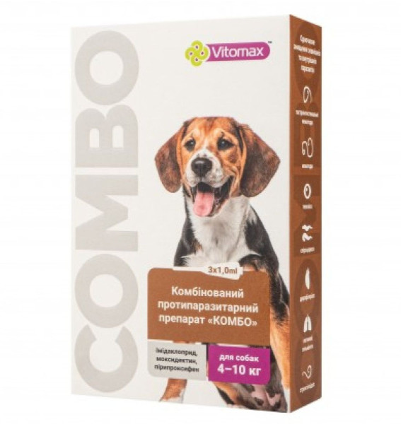 Вітомакс Vitomax Combo краплі від глистів, бліх і кліщів для собак вагою від 4 до 10 кг, 3 піпетки