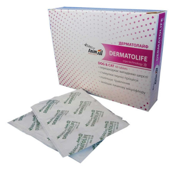 Дерматолайф Dermatolife AnimAll фітокомплекс для здоров'я шкіри, вовни у собак та котів, 60 таблеток