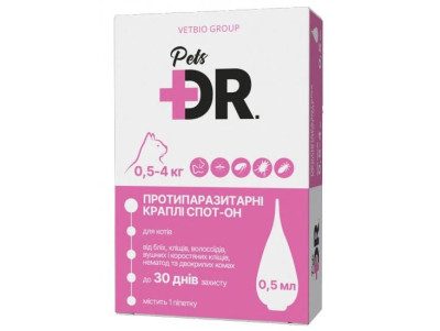 Доктор Петс Dr.Pets краплі від глистів, бліх та кліщів для кішок вагою від 0,5 до 4 кг, 1 піпетка