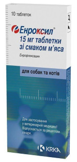Енроксил 15 мг таблетки антибактеріальні для собак (дихальна, сечостатева системи), 10 таблеток
