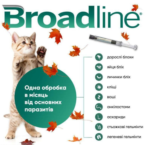Бродлайн для кішок до 2.5 кг Broadline краплі на холку від глистів бліх і кліщів, 1 піпетка