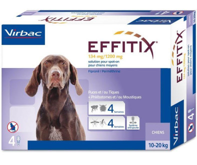 Еффітікс 10-20 кг Effitix Virbac краплі для собак від бліх, кліщів, комарів, мух, волосоїдів, 4 піпетки