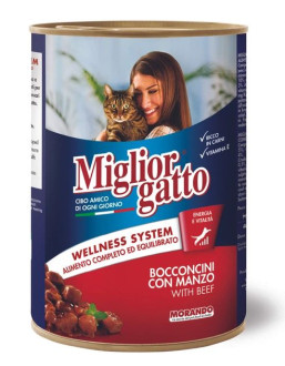 Морандо Morando Migliorgatto Wellness System шматочки яловичини в соусі, вологий корм для дорослих кішок, 6 консервів по 405 гр