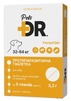 УльтраТріо Доктор Петс Dr.Pets таблетка від глистів, бліх та кліщів для собак вагою від 32 до 64 кг, 3,2 гр