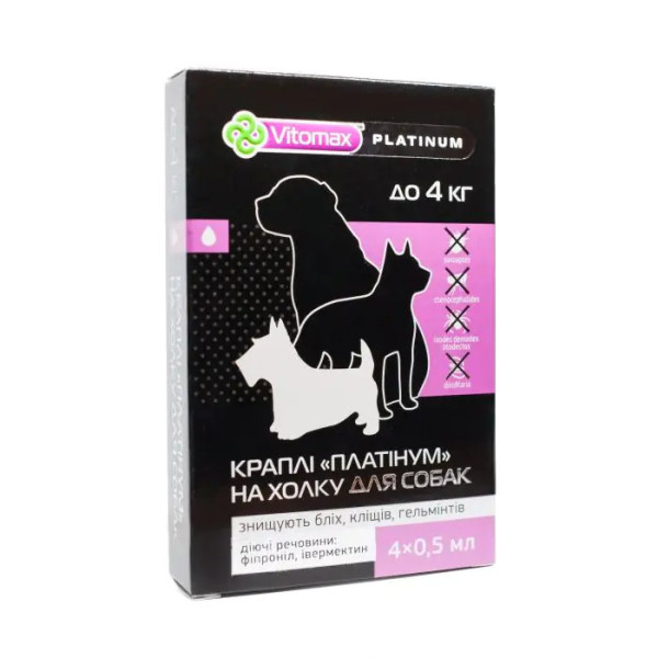 Вітомакс Vitomax Platinum краплі від глистів, бліх і кліщів для собак вагою до 4 кг, 4 піпетки