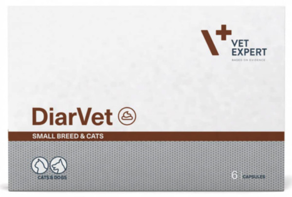 DiarVet VetExpert (бентоніт, інулін, пектин, таніни) проти діареї у котів і собак дрібних порід, 6 капсул
