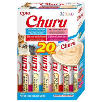 Ласощі INABA "Churu" для котів, вершковий мус в стіках, "Різновиди тунця/ морепродуктів" * 14 гр (20 шт.уп.)  продаж упаковкою