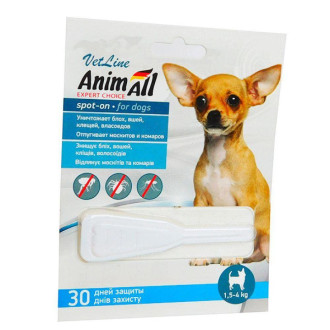 Animall spot-on "vetline" Анімал краплі від бліх і кліщів для собак вагою 1,5 - 4 кг, 1 піпетка х 0,8 мл