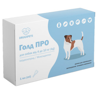 Голд ПРО краплі від глистів, бліх та кліщів для собак вагою від 4 до 10 кг, 1 піпетка