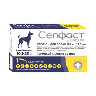 Краплі Unicum Селфаст від бліх, кліщів та гельмінтів на холку для собак 10,1-20 кг (селамектин)