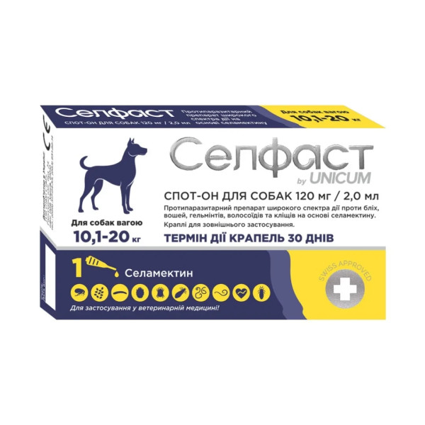 Краплі Unicum Селфаст від бліх, кліщів та гельмінтів на холку для собак 10,1-20 кг (селамектин)
