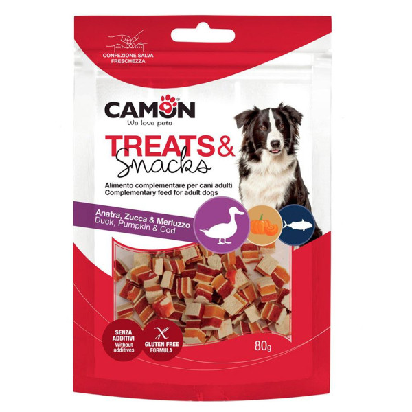 Ласощі для собак CAMON м'ясні сендвіч кубики з качкою, гарбузом та тріскою, 80 гр, 1,3*1,3*2 см