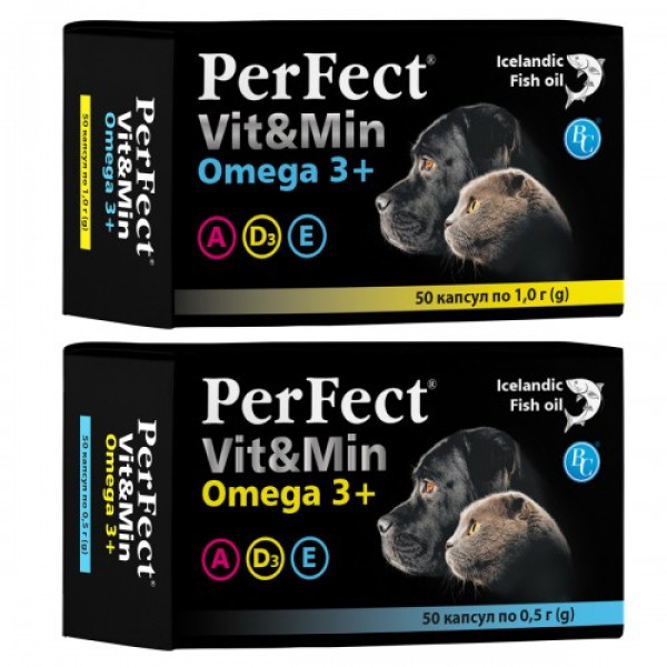 Perfect Vit&amp;Min Omega 3+ вітаміни для собак і котів з риб'ячим жиром, 50 капсул по 1 гр