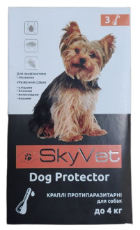 Скайвет SkyVet Dog Protector краплі від бліх та кліщів для собак вагою до 4 кг, 3 піпетки. Дата виготовлення 08/2022. Термін придатності 3 роки.