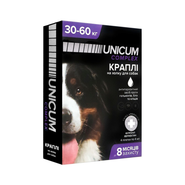Краплі від бліх, кліщів та гельмінтів на холку для собак Unicum COMPLEX 30-60 кг (івермектин+фіпр)/1