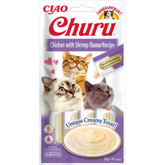Ласощі INABA "Churu" для котів, вершковий мус в стіках, курка/креветка 4*14 гр