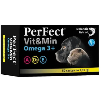 Perfect Vit&Min Omega 3+ вітаміни для собак і котів з риб'ячим жиром, 50 капсул по 1 гр