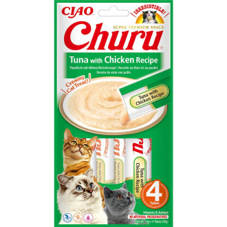 Ласощі INABA "Churu" для котів, вершковий мус в стіках, тунець/курка 4*14 гр