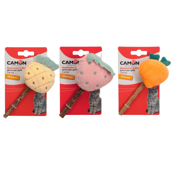 Іграшка для котів CAMON паличка Мататабі (срібл. лоза) з м'якою іграшкою 3 вида (ананас,полуниця,морква), 14 см