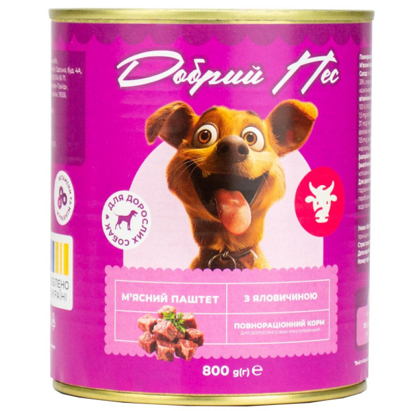 Корм Добрий Пес, для дорослих собак паштет з яловичиною, 800 гр. ж/б
