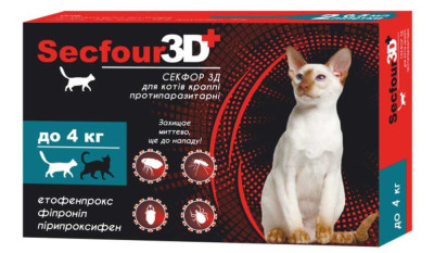 Краплі Секфор 3Д Secfour 3D від бліх і кліщів для котів вагою до 4 кг, 2 піпетки (S-745)