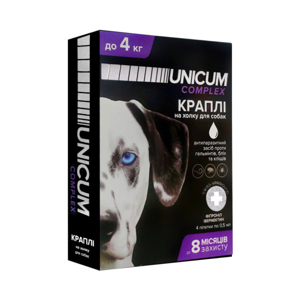 Краплі від бліх, кліщів та гельмінтів на холку для собак Unicum COMPLEX 0-4 кг (івермектин+фіпр.)/10