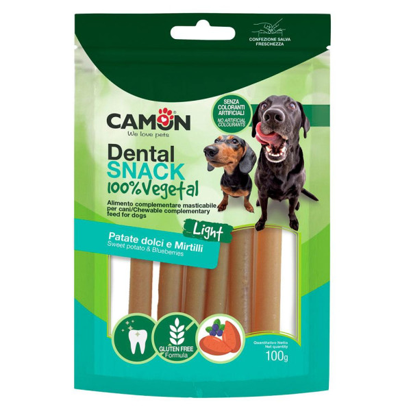 Ласощі для собак CAMON Dental Snak, Каннолі з солодкої картоплі начинені чорницею, 100 гр, 10,5 см