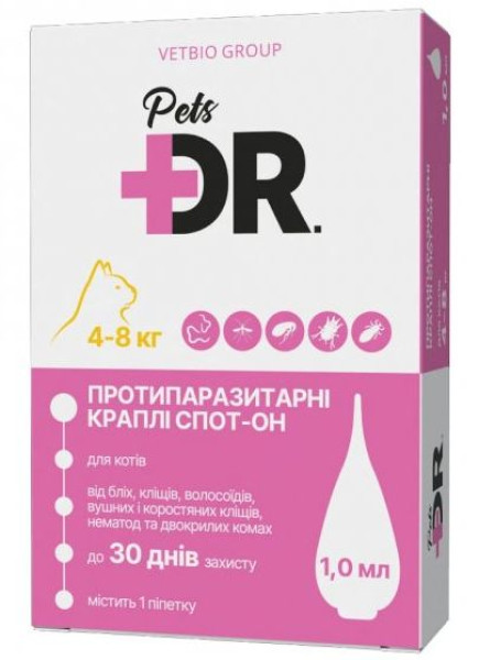 Доктор Петс Dr.Pets краплі від глистів, бліх та кліщів для кішок вагою від 4 до 8 кг, 1 піпетка