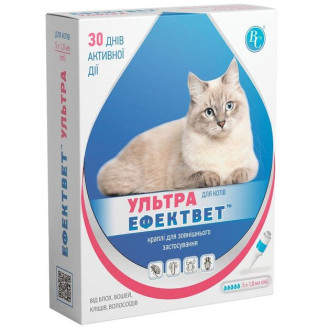 Ефектвет Ультра краплі від бліх вошей кліщів та власоїдів для кішок, 5 піпеток по 1 мл, Ветсинтез