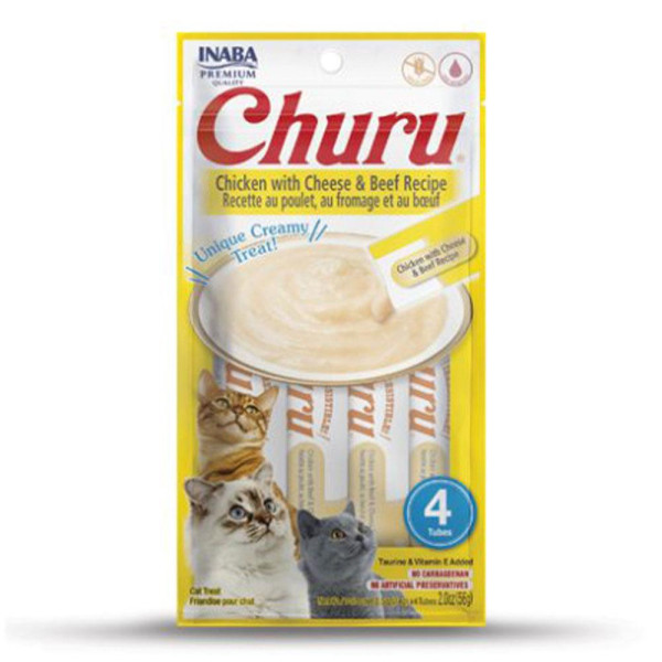 Ласощі INABA "Churu" для котів, вершковий мус в стіках, курка з сиром / яловичина 4*14 гр