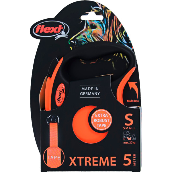 Повідець рулетка Flexi Xtreme S для собак вагою до 20 кг, стрічка 5 м, колір чорний / помаранчевий