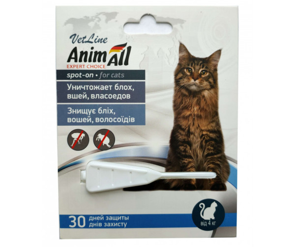 Анімалл Animall Vetline spot-on краплі від бліх і кліщів для дорослих кішок вагою понад 4 кг, 1 піпетка х 1 мл