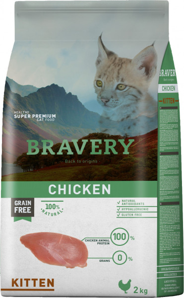 Бравері Bravery Chicken Kitten беззерновий сухий корм із куркою для кошенят усіх порід до 12 місяців, 2 кг (7722)