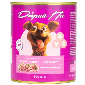 Корм Добрий Пес, для дорослих собак паштет м'ясне асорті, 800 гр. ж/б