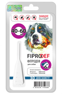 Фіпродеф Fiprodef краплі від бліх кліщів власоїдів вошей для собак вагою від 40 до 60 кг, 1 піпетка х 6 мл
