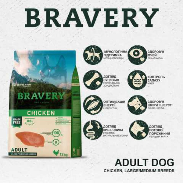 Бравері Bravery Chicken Adult Dog Large/Medium сухий корм з куркою для собак середніх і великих порід, 12 кг (6626)